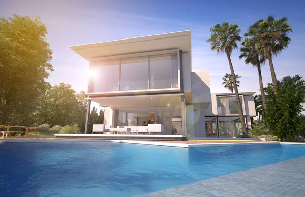 Återgivning Imponerande Modern Villa Med Pool Och Exotisk Trädgård — Stockfoto