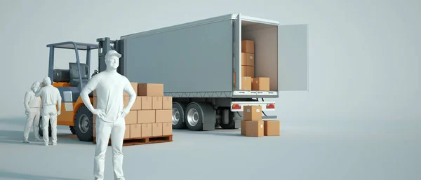 3D rendering a  forklift loading boxes in a truck with anoymous workers