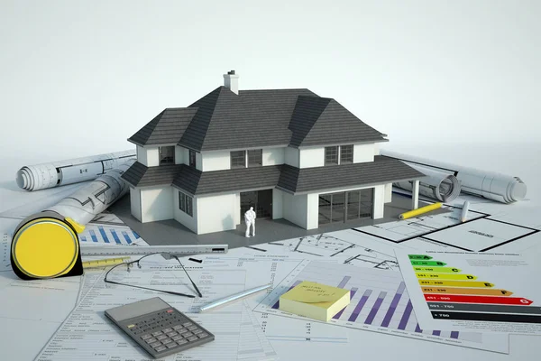 Rendering Eines Hausmodells Mit Familie Auf Bauplänen Energieeffizienzdiagrammen Und Anderen — Stockfoto