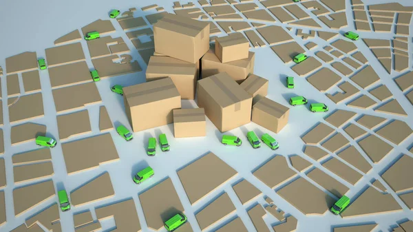 3D rendering of a cardboard textured map with green trucks circulating and a pile of cartons