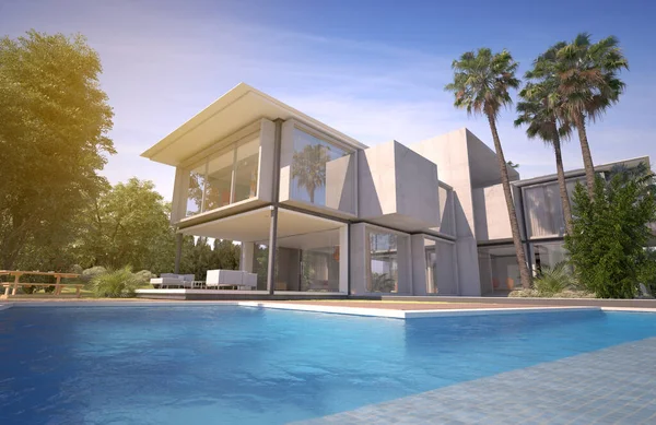 3D渲染令人印象深刻的带有游泳池和奇异花园的现代别墅 — 图库照片