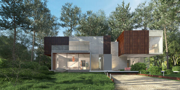 3D рендеринг современного здания с огромными окнами, внешний вид
