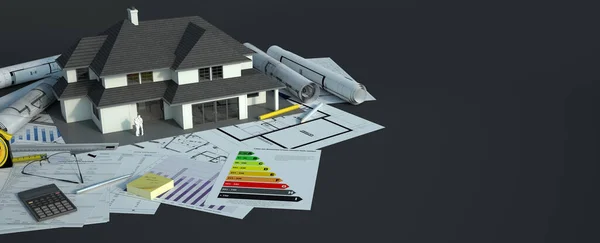 3D rendering of a house model with a family on top of blueprints, energy efficiency charts and other documents