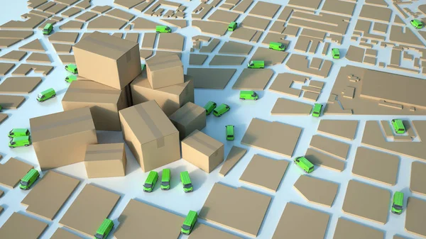 Renderização Mapa Texturizado Papelão Com Caminhões Verdes Circulando Uma Pilha — Fotografia de Stock