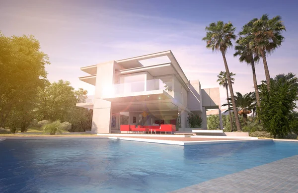 Weergave Van Een Indrukwekkende Moderne Villa Met Zwembad Exotische Tuin — Stockfoto