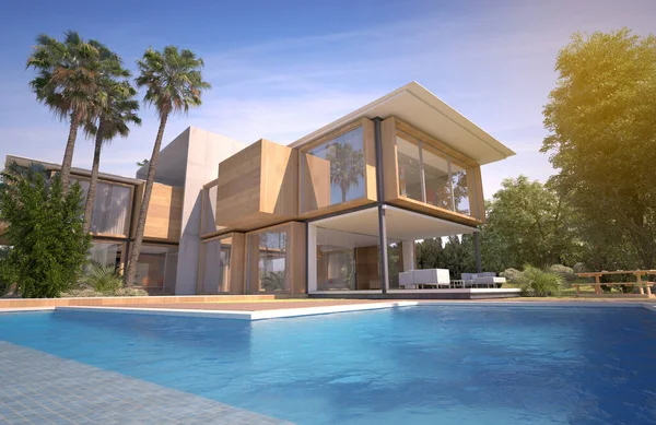 Rendering Imponente Villa Moderna Con Piscina Giardino Esotico — Foto Stock