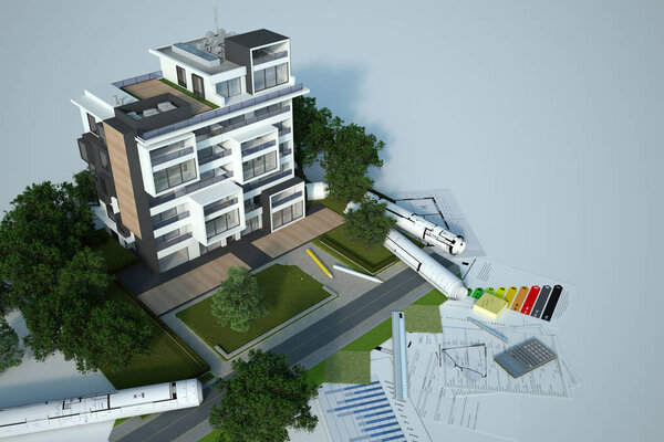 3D rendering of a sustainable building architecture model with blueprints, energy efficiency chart and other documents