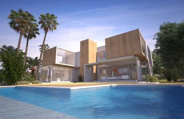 Renderelés Egy Modern Luxus Villa Medencével Egy Trópusi Kertben — Stock Fotó