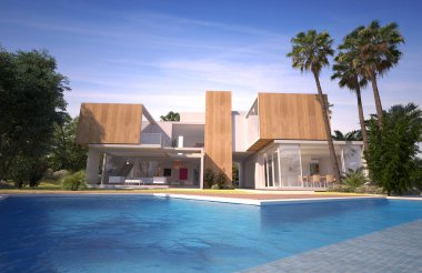 Tropikal bahçesinde havuzlu modern lüks bir villanın 3 boyutlu görüntüsü.