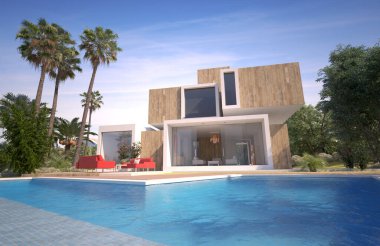 Tropik bir bahçede havuzlu modern bir kübik evin 3 boyutlu canlandırması