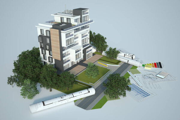 3D rendering of a sustainable building architecture model with blueprints, energy efficiency chart and other documents