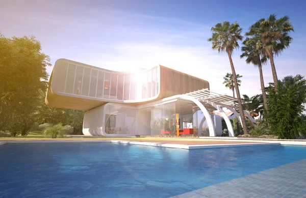 Rendering Imponente Villa Moderna Con Piscina Giardino Esotico — Foto Stock