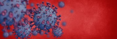 Kırmızı zemin üzerinde Coronavirus 'un 3 boyutlu canlandırması