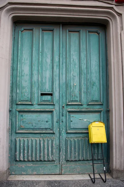 Vieille Porte Bois Peinte Turquoise Naples Italie — Photo