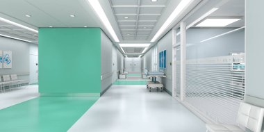 Bir hastanenin içini bir sürü kopya alanı ile 3B biçimlendirme