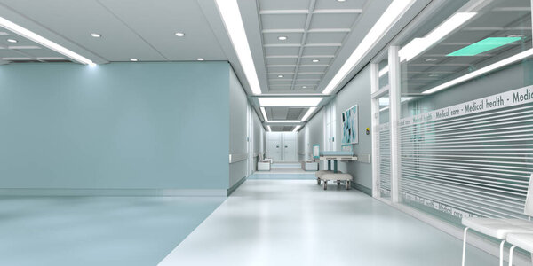 3D rendering of a hospital interior with lots of copy space