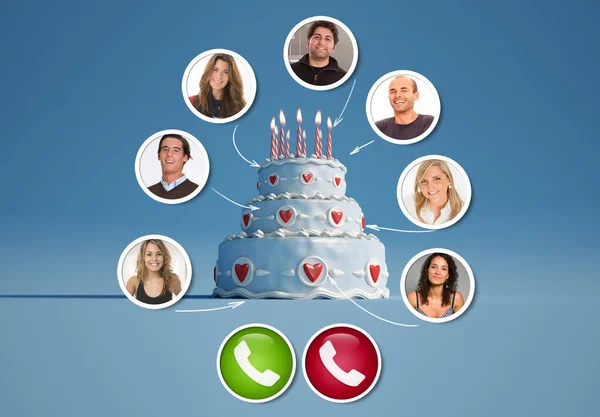 A group of friends in a video call around  a birthday cake 3D rendering