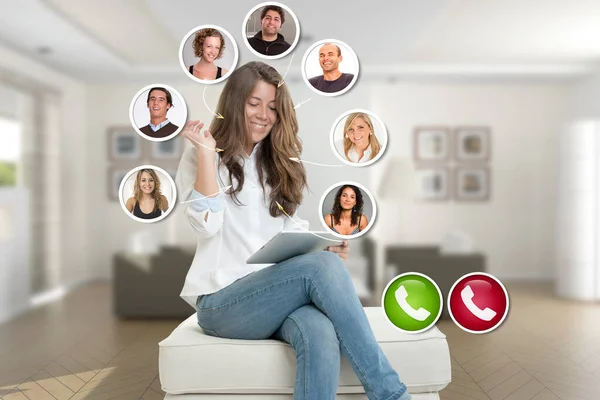 Young Woman Home Video Call Friends — Stock Photo, Image