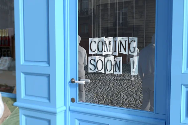 3D rendering of a shop window with the sign coming soon