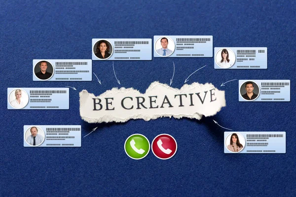 Videoconferentie Vindt Plaats Een Blauwe Achtergrond Met Boodschap Wees Creatief — Stockfoto