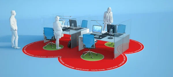 Rendering Office Interior Social Distancing Safety Measures — Stock Photo, Image