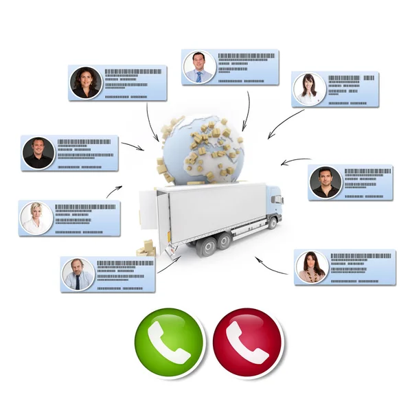 3D rendering of different business contacts making a conference call in an international distribution context
