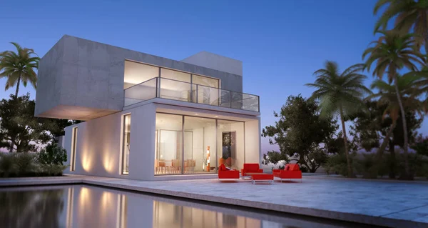 Renderização Uma Moderna Casa Cúbica Com Piscina Jardim Tropical — Fotografia de Stock