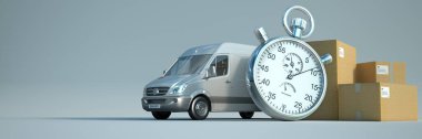 3 boyutlu bir minibüs görüntüleme, bir yığın paket ve bir sürü kopya alanı olan bir durak saati