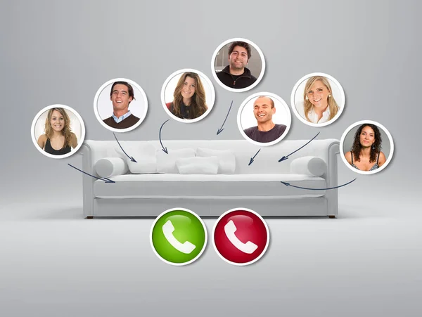 Group Friends Video Call Sofa Background — Stock Photo, Image