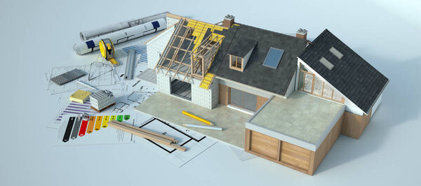 3D rendering of a house undergoing amplifying renovations with an energy chart, blueprints and other documents