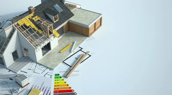 Rendering Ett Hus Som Genomgår Förstärkta Renoveringar Med Energidiagram Ritningar — Stockfoto