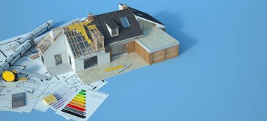 3D rendering of a house undergoing amplifying renovations with an energy chart, blueprints and other documents clipart