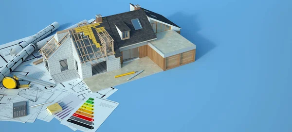 Rendering Ett Hus Som Genomgår Förstärkta Renoveringar Med Energidiagram Ritningar — Stockfoto