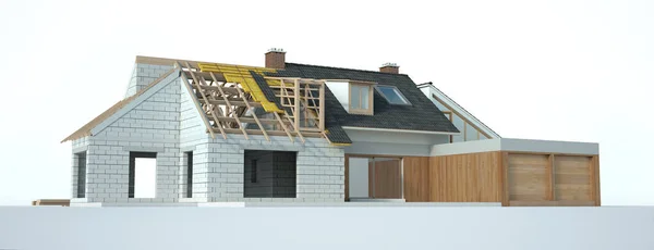 3D rendering of a house under construction showing all different layers and materials