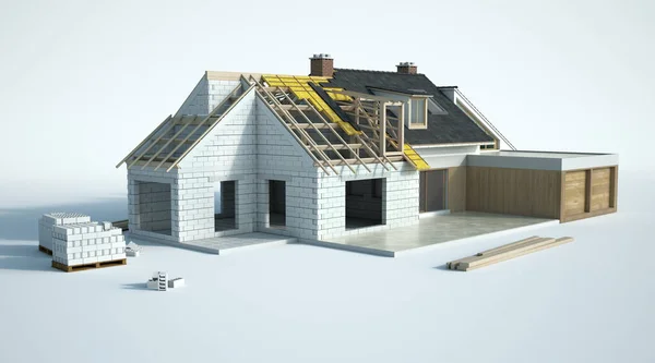 正在建造的房屋的三维绘制 显示所有不同层次和材料 — 图库照片