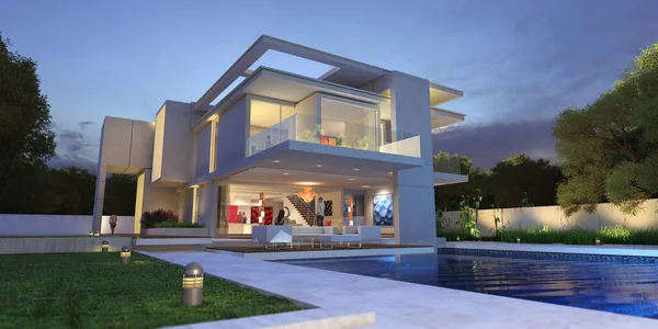 プール付きの高級近代的な邸宅の3Dレンダリング — ストック写真