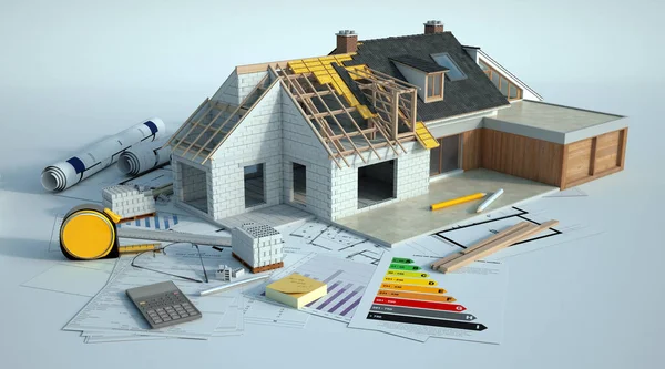 正在用能源图表 蓝图和其他文件对房屋进行放大改造的3D图像 — 图库照片