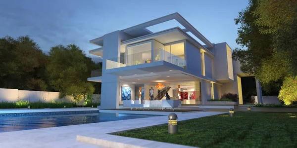 Rendering Einer Gehobenen Modernen Villa Mit Pool — Stockfoto