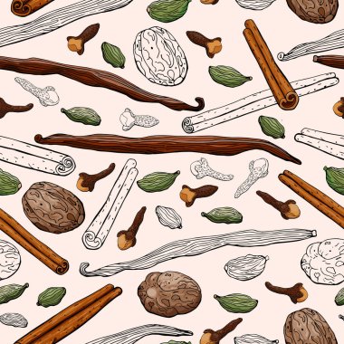 Tatlılar için baharatları olan kusursuz bir geçmişi var. Vanilya, tarçın, kakule, karanfil, hindistan cevizi. Vektör illüstrasyon deseni.