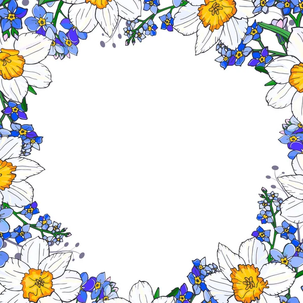 Flores Primavera Composición Borde Cuadrado Con Narcisos Olvidarme Flores Marco — Vector de stock