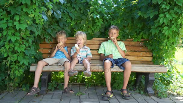 Tres chicos sentados en el parque y comiendo helado — Vídeo de stock