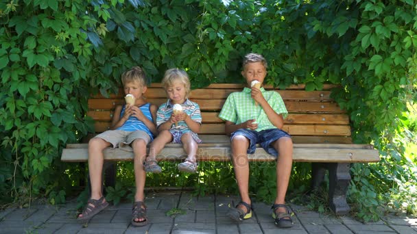 Niños comiendo helado en el banco en el parque — Vídeo de stock