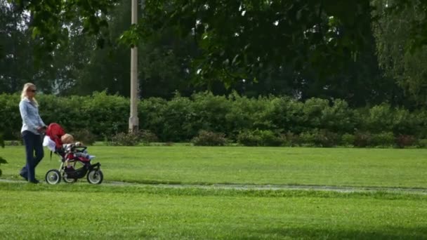 Jeune mère marche avec les enfants dans le parc — Video