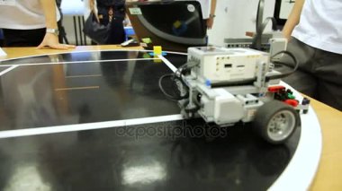 Hat boyunca hareketli ve tuğla yakalamak ve üzerinde doğru yere koymak programlanmış robot.