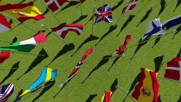 Ευρωπαϊκή Ένωση σημαίες που ανεμίζουν στον αέρα στο πράσινο πεδίο. — Αρχείο Βίντεο