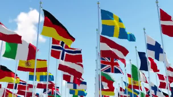 Флаги европейских стран - Все члены ЕС на флагштоках — стоковое видео