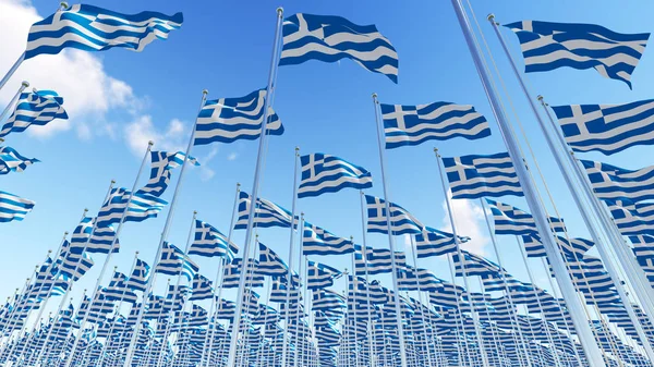 Many Greece flags on flagpoles against blue sky. — Stock Photo, Image