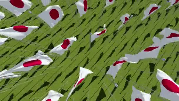 Drapeaux du Japon agitant au vent sur fond de champ vert . — Video