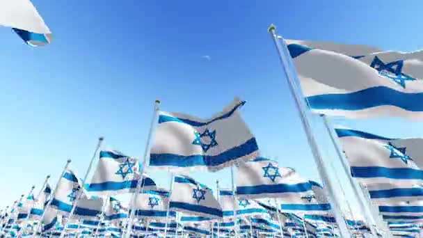 Muitas bandeiras de Israel contra a animação 3D céu azul claro . — Vídeo de Stock