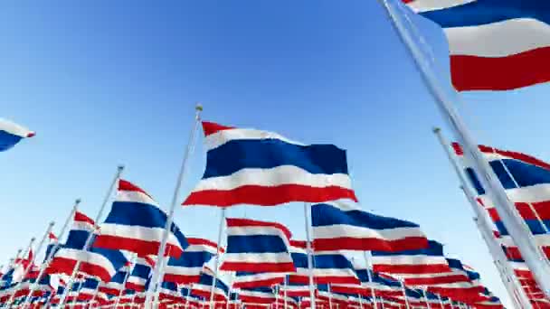 Viele thailändische Flaggen an Fahnenmasten gegen blauen Himmel. — Stockvideo